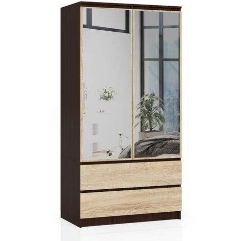 Kleiderschrank AKORD S90 mit Spiegel Wenge 90 cm 2 Türen 2 Schubladen 4 Ebenen Front Sonoma-Eiche B90 x H180 x T51 cm