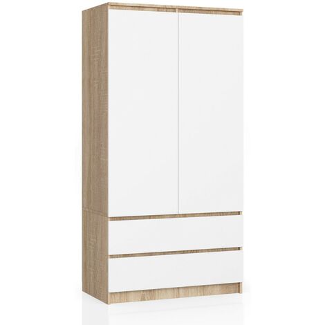 Kleiderschrank AKORD S90 Sonoma-Eiche 90 cm 2 Türen 2 Schubladen 4 Ebenen Front Weiß B90 x H180 x T51 cm
