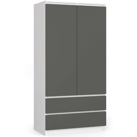 Kleiderschrank AKORD S90 Weiß 90 cm 2 Türen 2 Schubladen 4 Ebenen Front Graphitgrau B90 x H180 x T51 cm