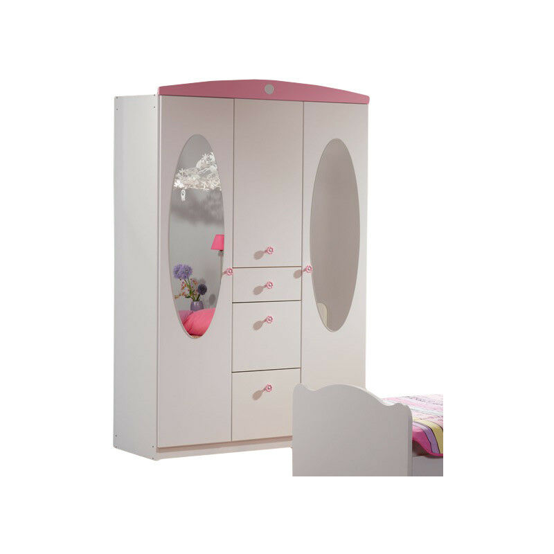 Kleiderschrank Blümchen 3-trg mit 2 Spiegeltüren + 3 Schubladen weiß - rosa B 136 cm - H 213 cm