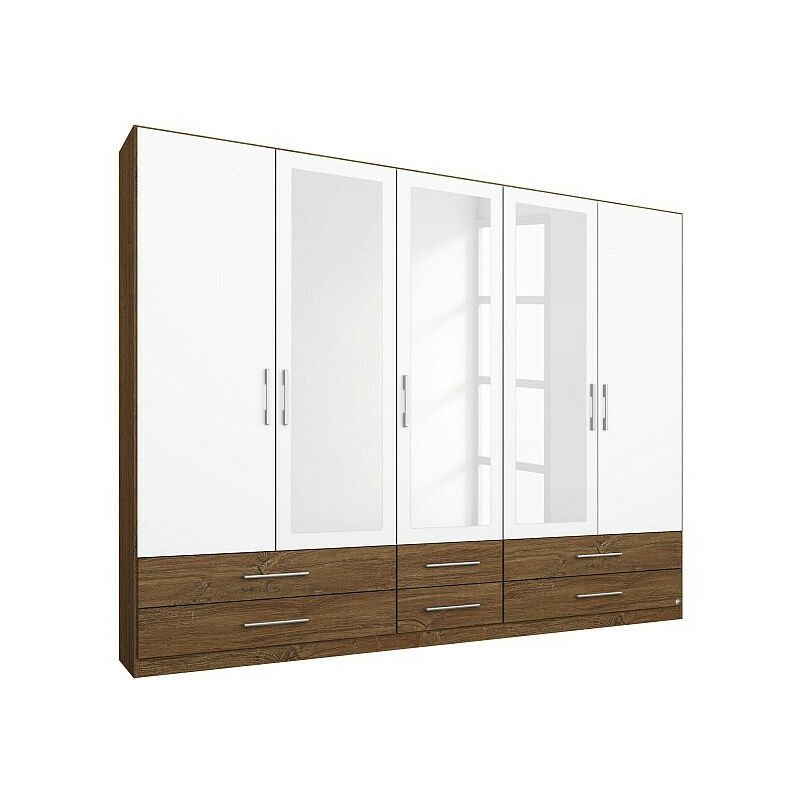 Kindermoebel-24shop - Kleiderschrank Finn 5-trg (3 Spiegel) + 6 Schubladen (4 große + 2 kleine) braun weiß B 226 - H 210