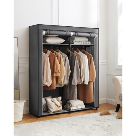 Kleiderschrank, Garderobe mit Kleiderstangen, Aufbewahrung für Kleidung, Stoffschrank, Kleiderständer, faltbar, Ankleidezimmer, Schlafzimmer, 140 x 43 x 174 cm, grau/schwarz
