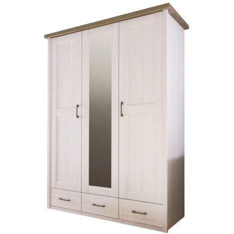 Kleiderschrank im Landhaus Stil LUND-78 in Pinie weiß Nb./Trüffel Eiche Nb., B/H/T: ca. 148/201/62 cm
