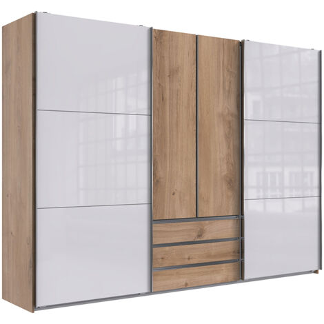 Kleiderschrank in Eiche Schwebetüren mit Glasfront weiß, MIDLAND-43