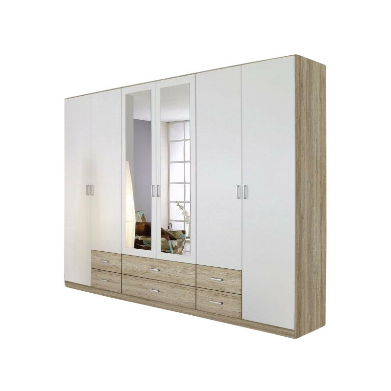 Kleiderschrank Ina hell 6-trg mit 2 Spiegelfront braun - weiß B 271 cm - H 210 cm - T 54 cm