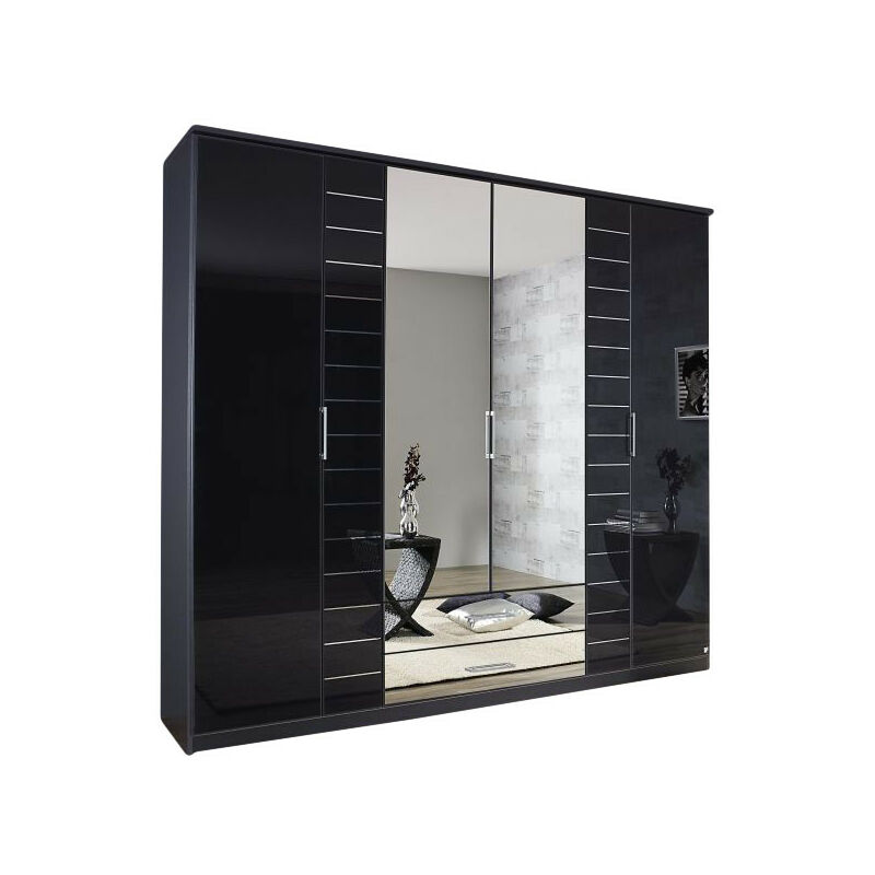 Kleiderschrank Luna 6-trg mit Glaseinlagen und Spiegel grau-metallic B 226 cm - H 212 cm - T 56 cm