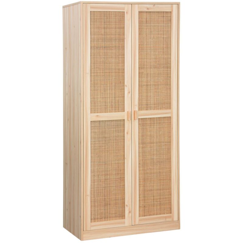 Kleiderschrank Mit Rohrgeflecht Und Holzlook, 2 Türen Mit Kleiderstange - Sweeek