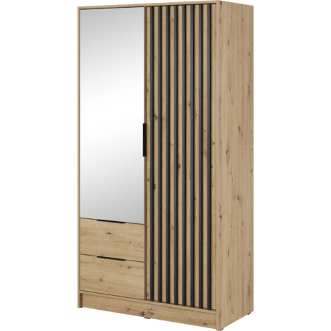 Kleiderschrank mit Spiegel 100 cm Fioro - Schrank vom Hersteller, Schlafzimmerschrank - Drehtürenschrank mit Lamellen, 2 Tür (Artisan Eiche)