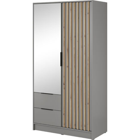 Kleiderschrank mit Spiegel 100 cm Fioro - Schrank vom Hersteller, Schlafzimmerschrank - Drehtürenschrank mit Lamellen, 2 Tür (Grau)
