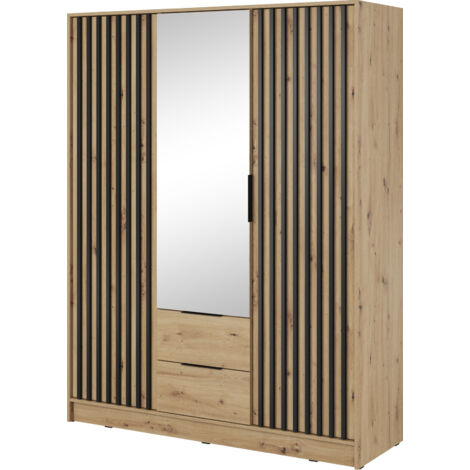 Kleiderschrank mit Spiegel 150 cm Fioro - Schrank vom Hersteller, Schlafzimmerschrank - Drehtürenschrank mit Lamellen, 3 Tür (Artisan Eiche)