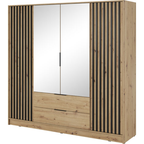 Kleiderschrank mit Spiegel 200 cm Fioro - Schrank vom Hersteller, Schlafzimmerschrank - Drehtürenschrank mit Lamellen, 4 Tür (Artisan Eiche)