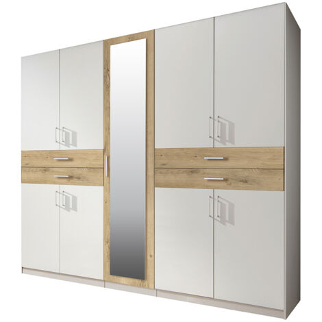 Kleiderschrank mit Spiegel, 225 cm breit modern in weiß mit Eiche TREVISO-43