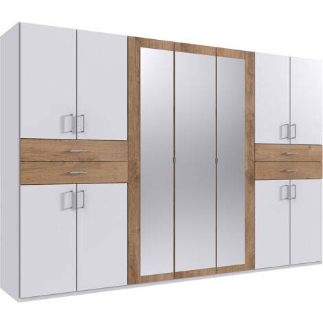 Kleiderschrank mit Spiegel, 313 cm breit modern in weiß mit Eiche TREVISO-43