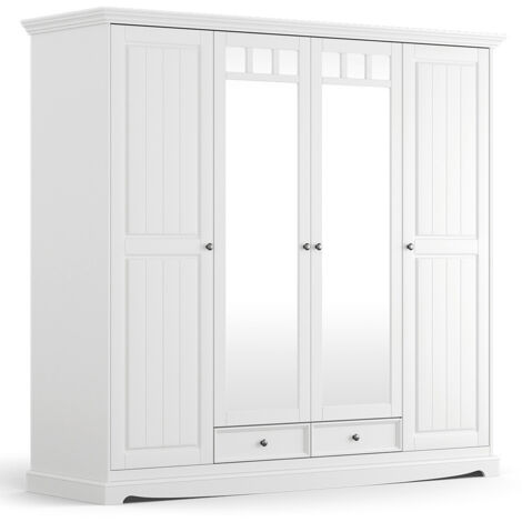 Kleiderschrank mit Spiegel Schlafzimmer, Massivholz in weiß BORMIO-163