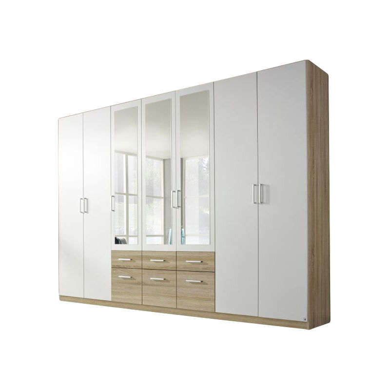 Kleiderschrank Silas 7-trg mit 3 Spiegel + 6 Schubladen weiß - sonoma Eiche B 315 cm - H 229 cm