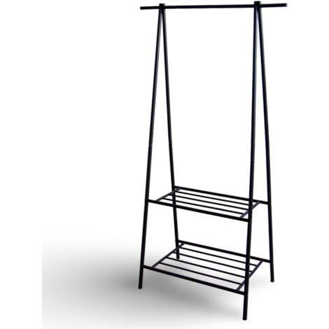 Kleiderständer 85x42x158cm Metall mit 2 Ablagen schwarz Garderobe Kleiderstange Kleiderbutler Jackenständer Handtuchhalter Badezimmerregal