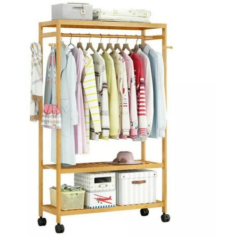 Kleiderständer auf Rollen Garderobenständer Bambus, offener Kleiderschrank mit Schuhablage Kleiderstange Haken, 80x35x165 cm