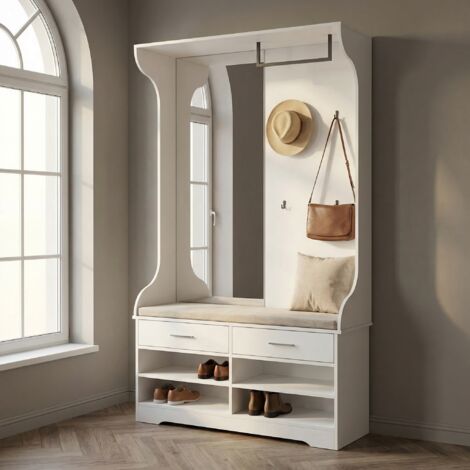 Kleiderständer, Multifunktionale Garderobe 104x35x180 cm, Flurmöbel mit Spiegel und Schuhaufbewahrung, moderner Stil, Weiß
