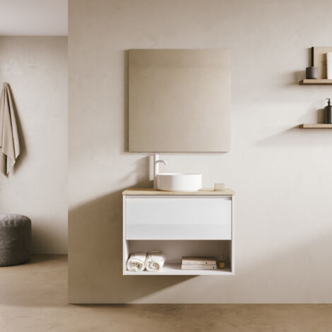 KLEIN 70cm Meuble et vasque avec un tiroir et un niche, Blanc Brillant.