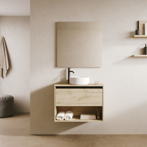 KLEIN 70cm Meuble et vasque avec un tiroir et un niche, Chêne Colonial.