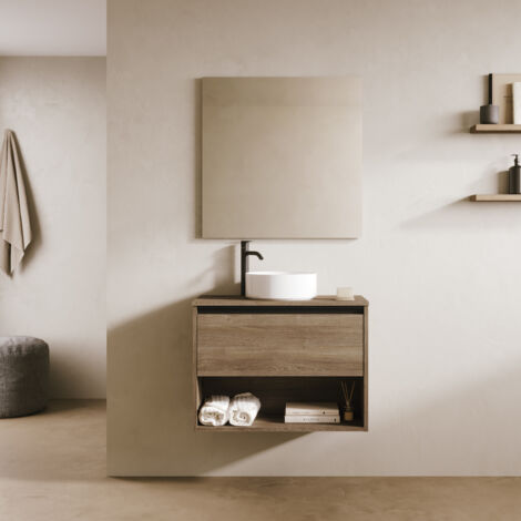 KLEIN 70cm Meuble et vasque avec un tiroir et un niche, Chêne Vulcano.