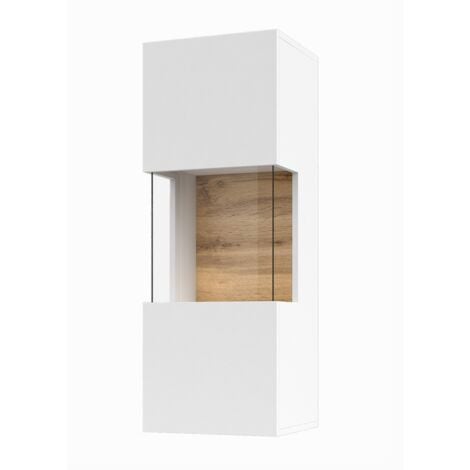 MEUBLORAMA Kleine hängende Vitrine mit 1 teilweise verglasten Tür, Kollektion EVA. Farbe mattweiß und Eiche.
