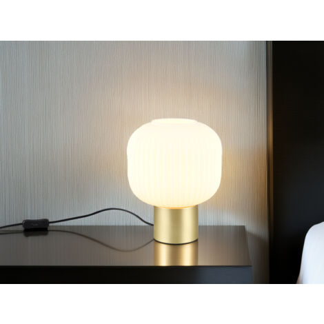 Kleine LED Retro Tischleuchte Messing mit Glasschirm in Weiß, Höhe 26cm