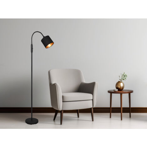 Kleine LED Stehleuchte Stoffschirm Schwarz/Gold mit Flexarm, Höhe 130cm
