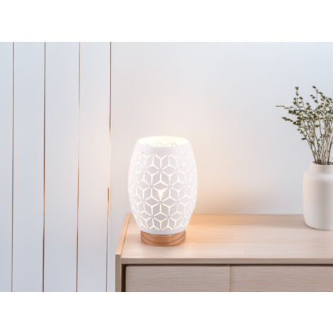 Kleine LED Tischleuchte in Weiß mit ausgefallenem Stanzmuster, H: 21cm