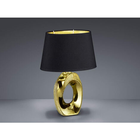 Kleine LED Tischleuchte Keramik Gold - Stoffschirm Schwarz, Höhe 33cm