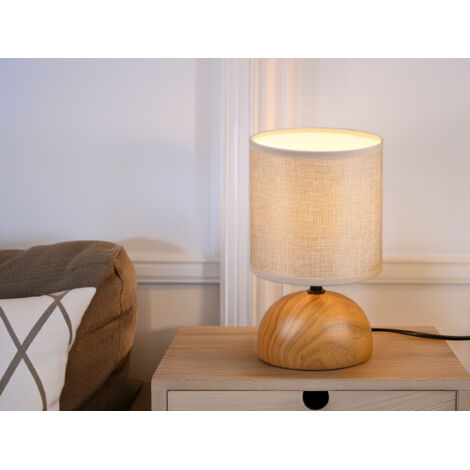 Kleine LED Tischleuchte Keramik in Holzoptik Stoffschirm Beige, Höhe 23cm