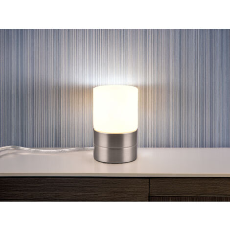 Kleine LED Tischleuchte per touch dimmbar, Silber mit Glasschirm, Höhe 15cm