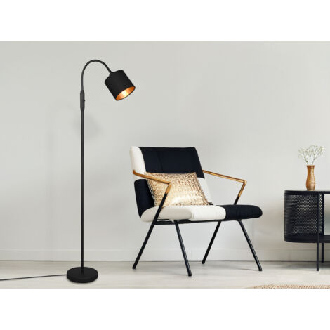 Kleine Stehleuchte TOMMY mit Flexarm & Stoffschirm Schwarz / Gold, Höhe 130cm