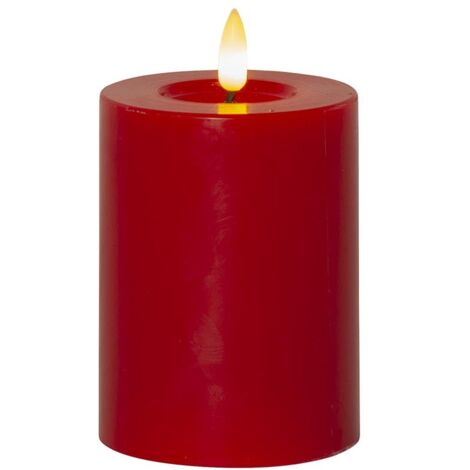 Kleine Stumpenkerze ,Flamme Flow' in Rot, Batterien, Timer, Echtwachs, warmweiß flackernd, H 12cm, Ø 7,5cm