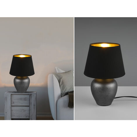 Kleine Tischlampe ABBY mit Keramikfuß & Stoffschirm Schwarz Gold, Höhe 26cm