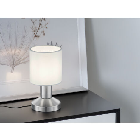 Kleine Touch Tischleuchte GARDA Silber mit Stoffschirm Weiß, Höhe 18cm