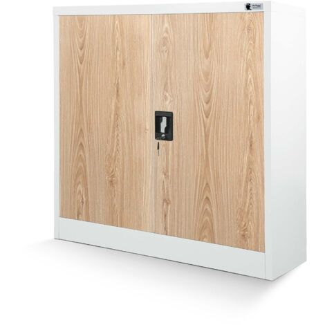 Kleiner Aktenschrank C001B Büroschrank mit Flügeltüren Metallschrank Lagerschrank Pulverbeschichtet Stahlblech Abschließbar 92,5 cm x 90 cm x 40 cm (H x B x T) (Holzoptik-Weiß)