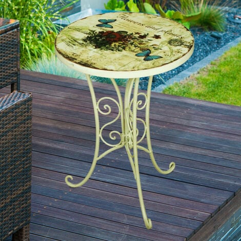 Kleiner Gartentisch Retro Beistelltisch Metall Blumen Balkontisch klein rund, Eisen altweiß, DxH 38 x 53 cm
