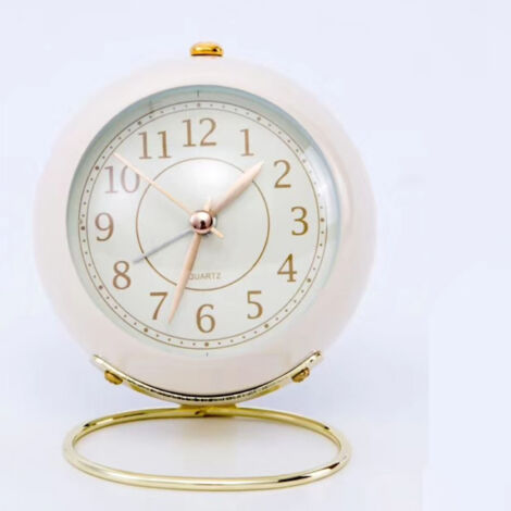 Kleiner, geräuschloser Wecker mit Nachtlicht, runder Sockel in Gold und Cremeweiß, ideal für Schlafzimmer und Schule, korrosionsbeständig.