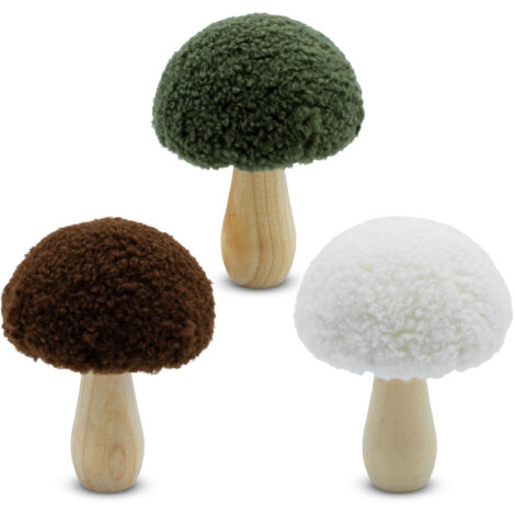 KleinpakHolz Deko Pilz mit Stoff Hut 11 cm zum Hinstellen - 3er Set - Waldpilz Dekofigur zur Herbst Dekoration