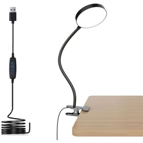 Klemmleuchte mit Adapter, 3 Farben und 10 Helligkeitsstufen, Schreibtischlampe mit USB-Kabel, Leselampe zum Lesen im Bett, flexible PC-Lampe, schwarz [Energieklasse G]