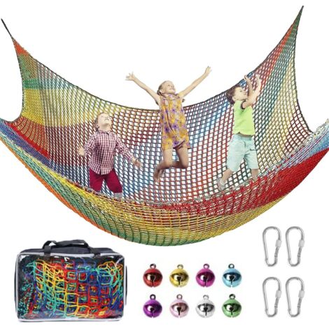 Kletternetz für Spielplätze, 3x3m doppellagiges Sicherheitsnetz für Kinder, 4 Haken, 8 Glöckchen, für den Innen- und Außenbereich, Sturzprävention (Regenbogen)