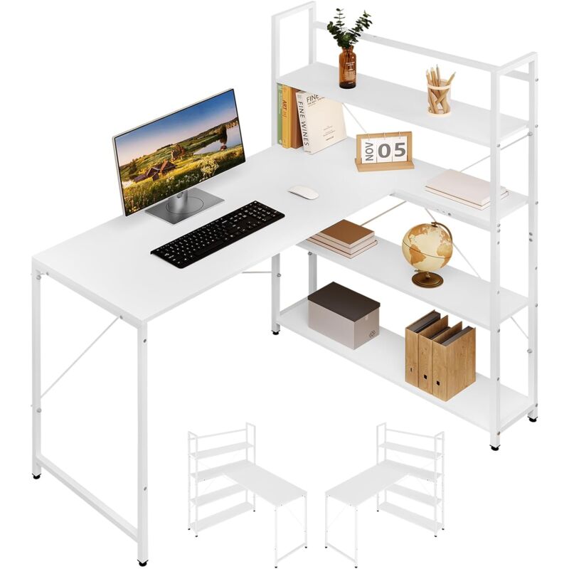 Klihome Bureau en L avec Étagère de Rangement, Table de Travail, Bureau d'Ordinateur, 120x80x128, 5 cm, Blanc