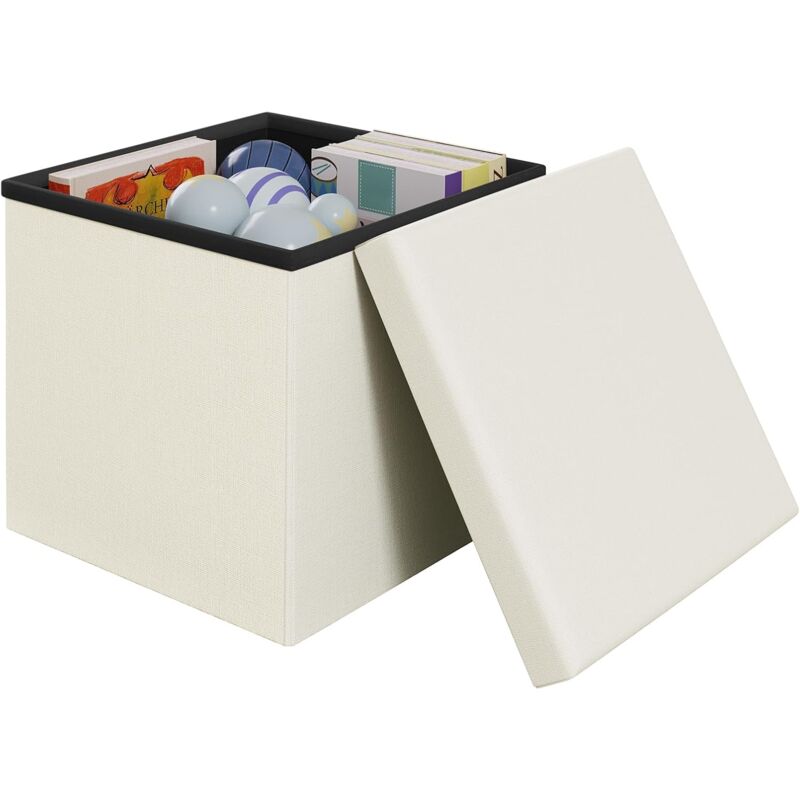 Pouf Rangement en Lin, Pouf Coffre 38x38x38cm, Tabouret Rangement, Design Pliable, Pouf de Rangement avec Couvercle, Crème - Klihome