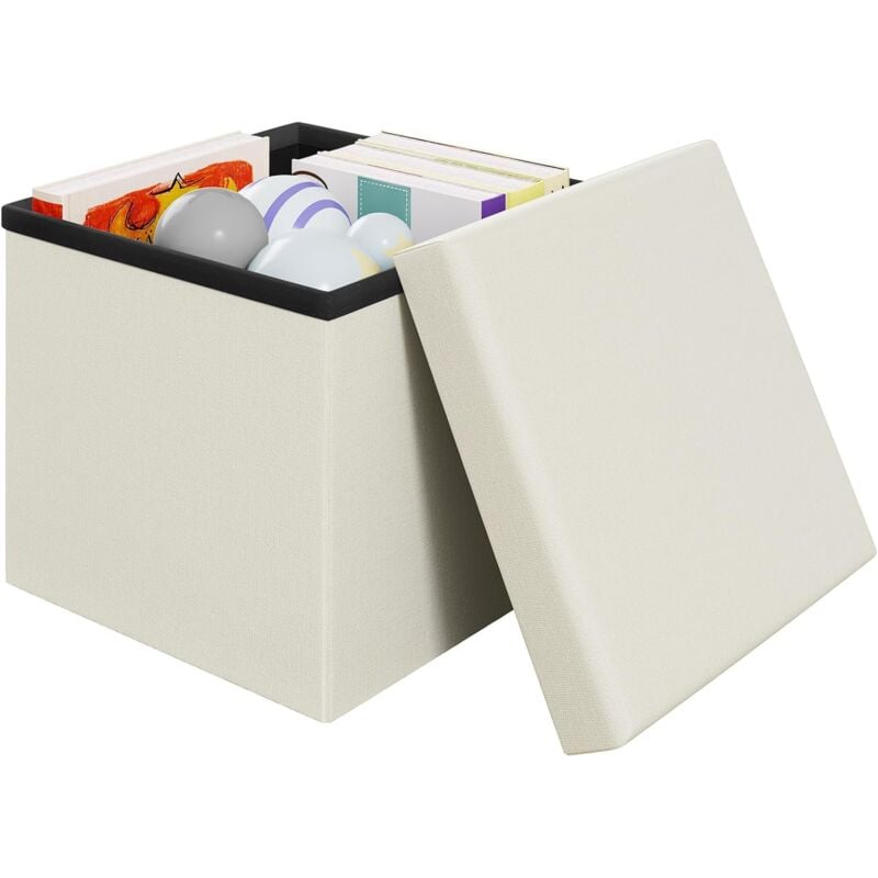 Pouf Rangement en Lin, Pouf Coffre, Tabouret Rangement 30x30x30cm, Design Pliable, Pouf de Rangement avec Couvercle, Crème - Klihome