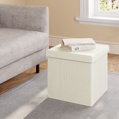 Klihome Sitzhocker mit Stauraum, Sitzwürfel mit abnehmbarem Deckel, Kleine Faltbare Sitztruhe, Aufbewahrungsbox aus Leinen, gepolsterter Hocker als Fußablage, 30x30x30 cm, Creme