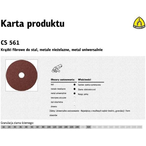 KLINGSPOR Disco de fibra CS 561 Ø 180 mm grano 16 - 11057