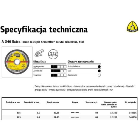 KLINGSPOR METALL-TRENNSCHEIBE 115 mm x 1,6 mm x 22,2 mm A346 Extra