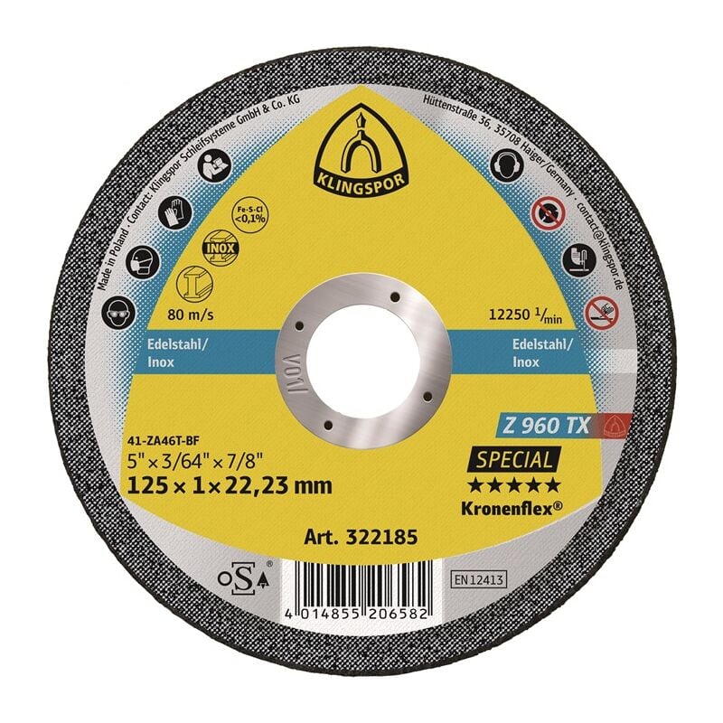 Image of KLINGSPOR 322185 Trennscheibe Z 960 TX D125x1mm gerade INOX Bohrung 22,23 mm