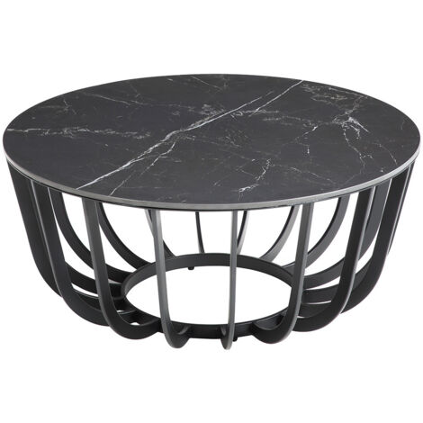 KLODIE - Table Basse Ronde Plateau Céramique Marbré Cadre Métal Gris Anthracite